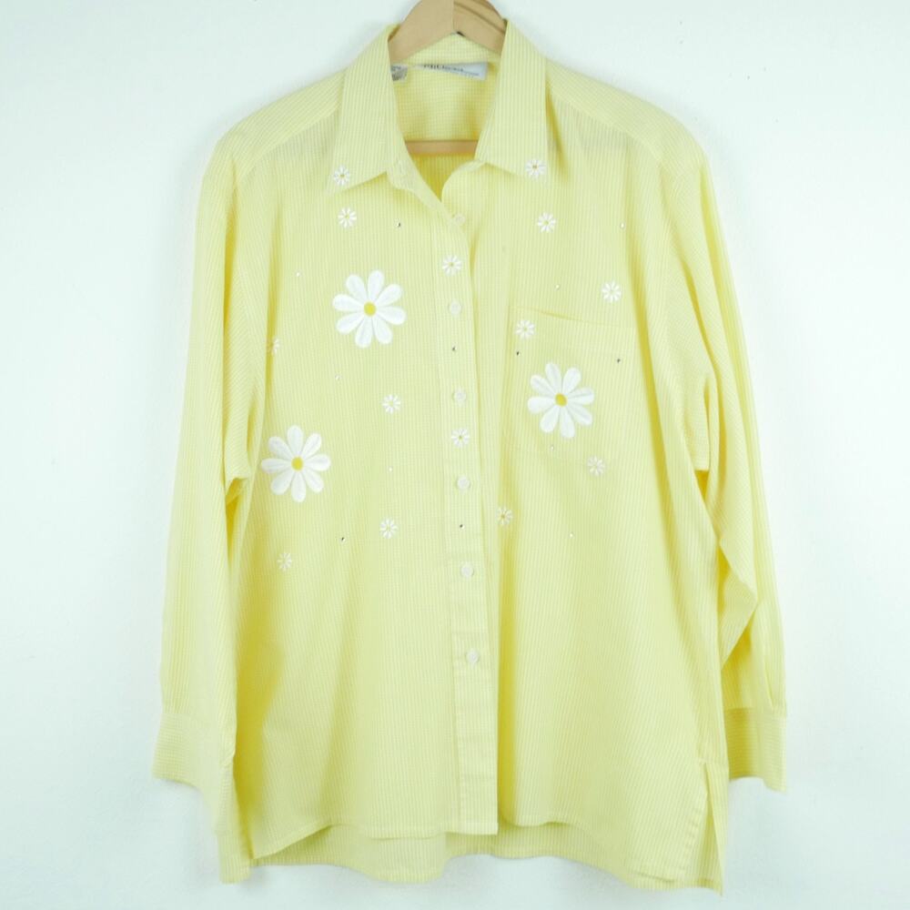 Vintage XL Top Butter Yellow Gingham Floral Embroidered Grannycore‎ Preppy 90s